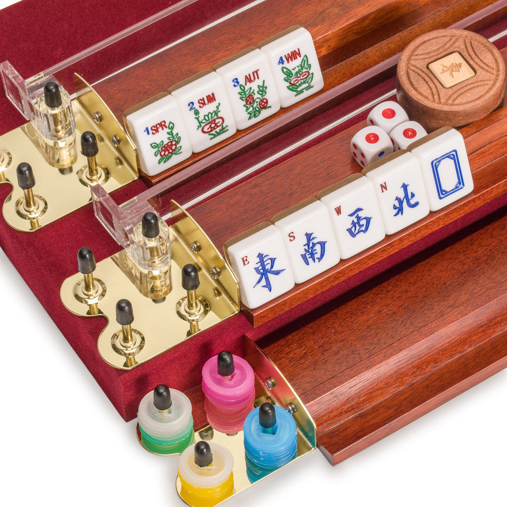 American Mahjong Set, "Golden Fortune" with Inlaid Wooden Case - Racks, Pushers, Scoring Coins, Dice, and Wind Indicator-Yellow Mountain Imports-Yellow Mountain Imports