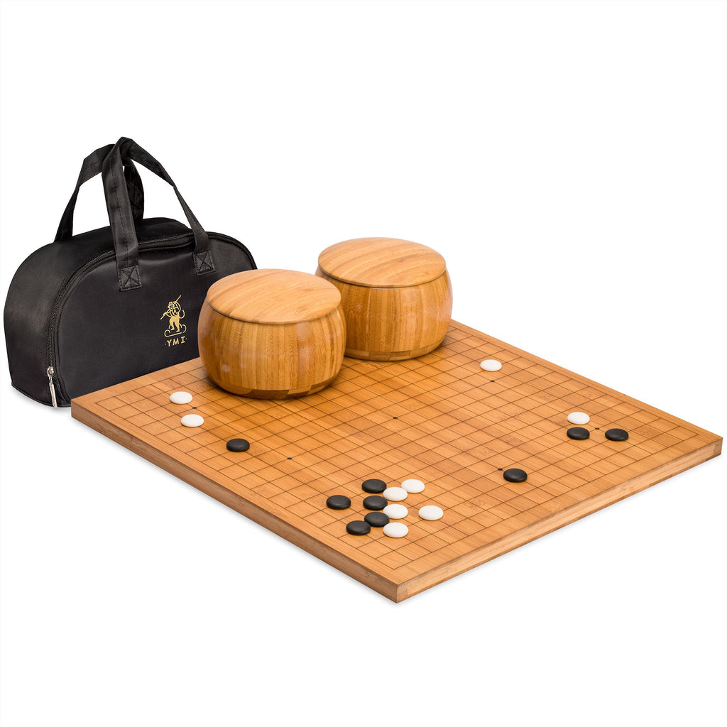 Bamboo 0.8-Inch Etched Reversible 19x19/13x13 Go Game Set Board with Single Convex Yunzi Stones and Bamboo Bowls-Yellow Mountain Imports-Yellow Mountain Imports