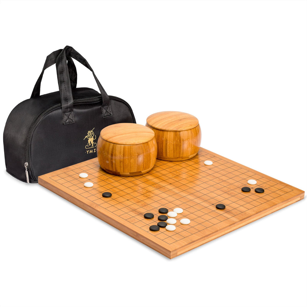 Bamboo 0.8" Reversible 19x19 / 13x13 Go Game Set Board with Single Convex Yunzi Stones and Bamboo Bowls-Yellow Mountain Imports-Yellow Mountain Imports