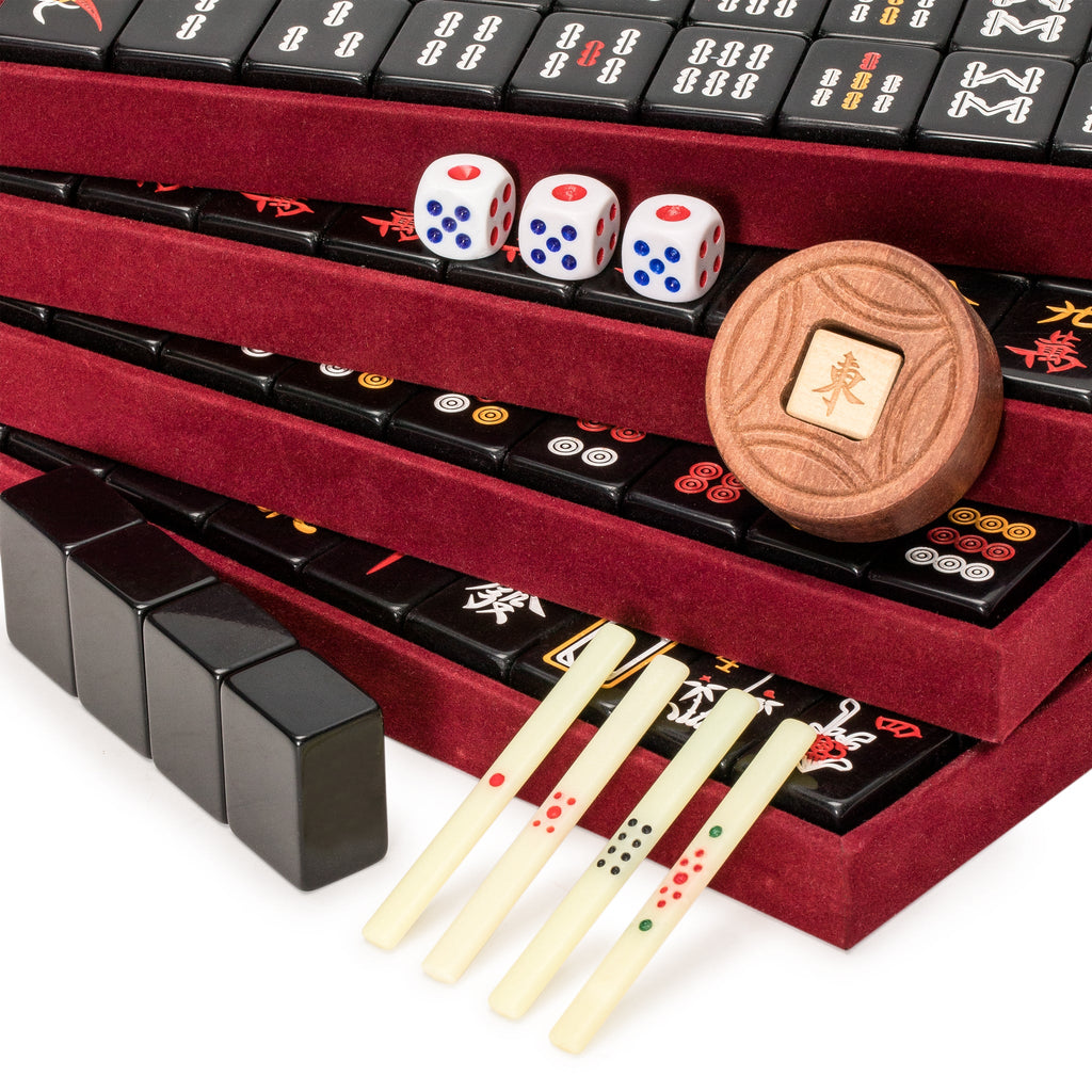 Chinese Mahjong Game Set, "Jet Set" with 148 Black Tiles and Wooden Case-Yellow Mountain Imports-Yellow Mountain Imports