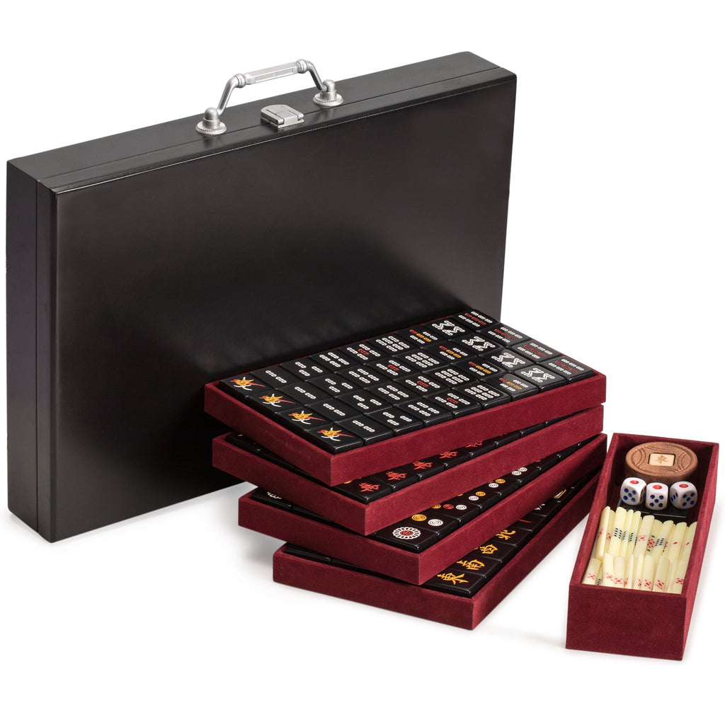 Chinese Mahjong Game Set, "Jet Set" with 148 Black Tiles and Wooden Case-Yellow Mountain Imports-Yellow Mountain Imports