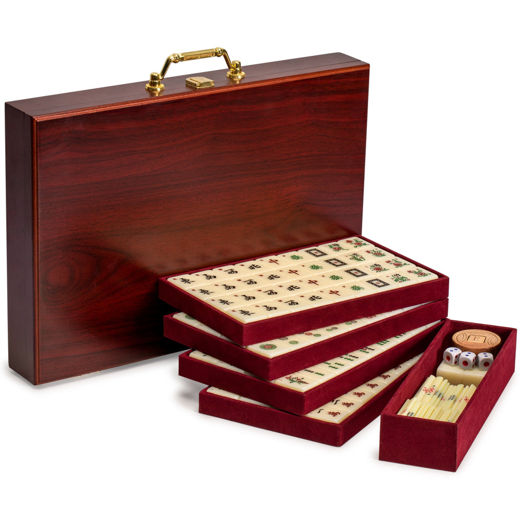 Chinese Mahjong Game Set, "The Classic" - with 148 Medium Size Tiles, Vintage Rosewood Veneer Case, Wooden Spinner, Dice, and Betting Sticks-Yellow Mountain Imports-Yellow Mountain Imports
