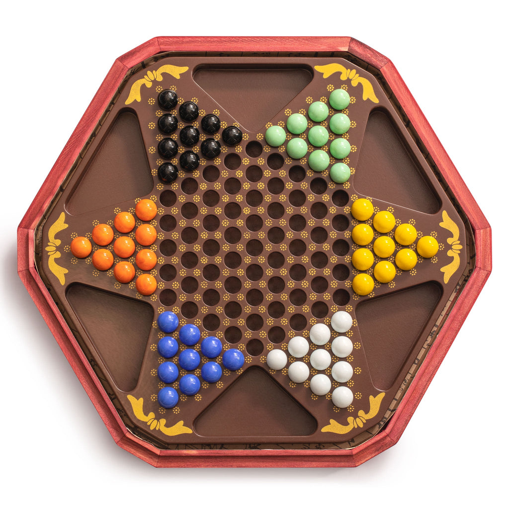 Classic Chinese Checkers Halma Board Game Set with Storage, 12.6" Wooden Board, and Solid Color 16mm Glass Marbles-Yellow Mountain Imports-Yellow Mountain Imports