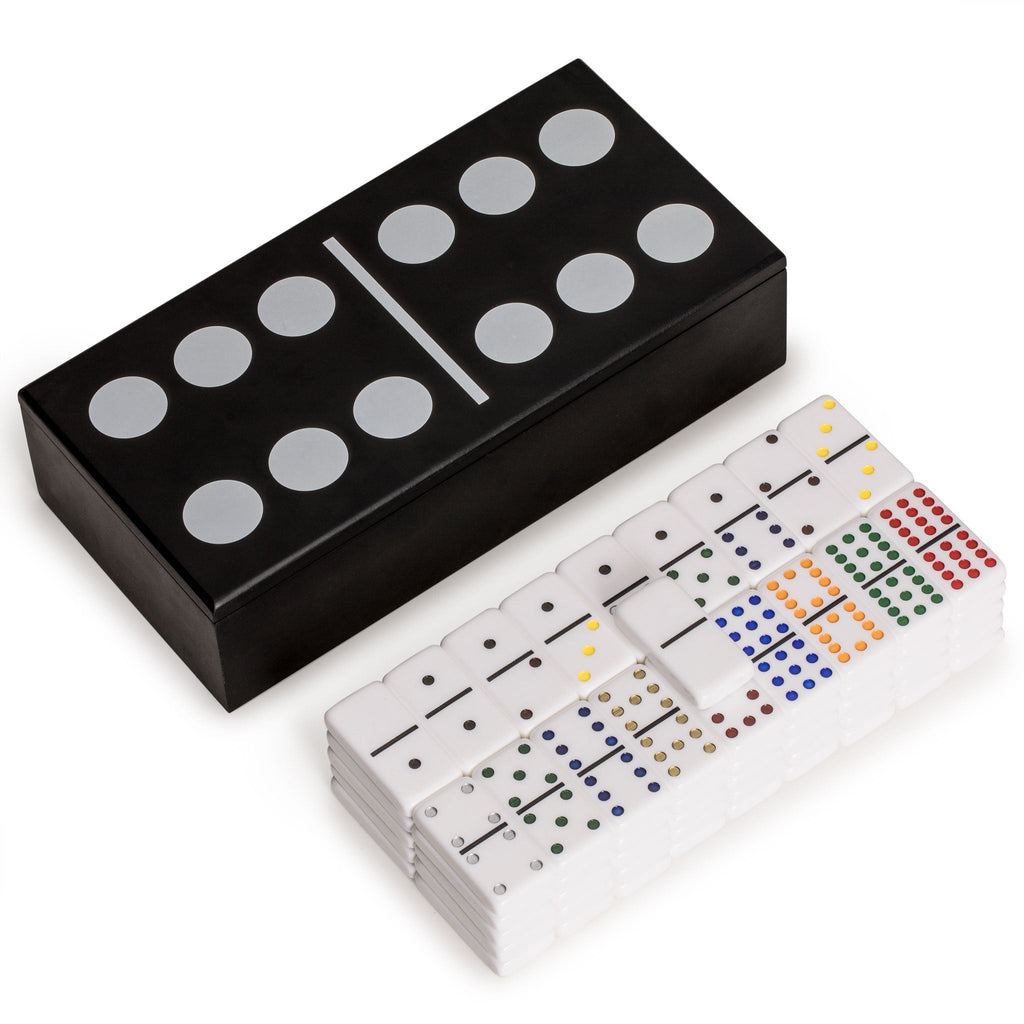 Double 12 Colored Pips/Dots Dominoes in Black Lacquer Case-Yellow Mountain Imports-Yellow Mountain Imports