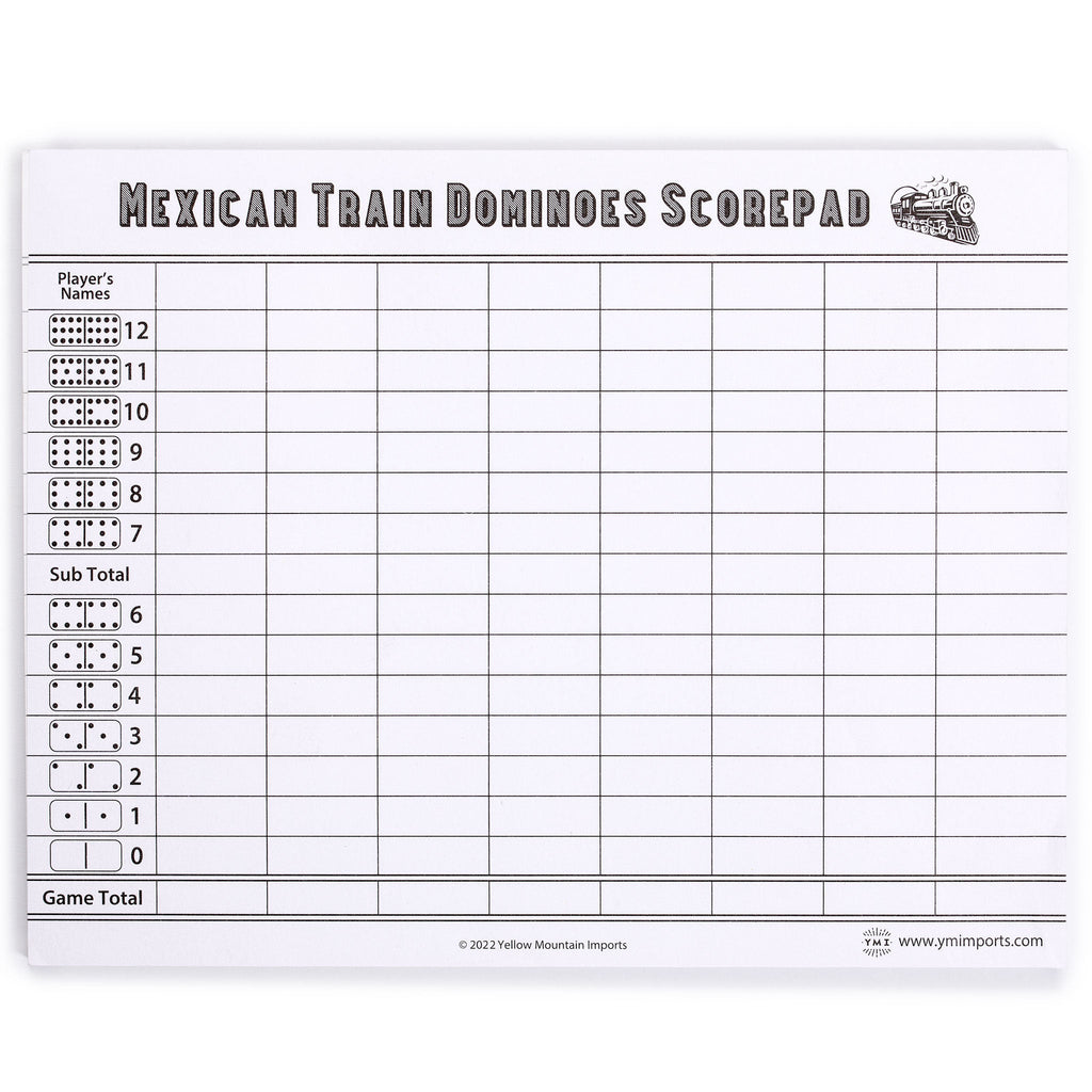Mexican Train Complete Set with Double 12 Dominoes (Pips/Dots), Wooden Hub, Die Cast Train Markers, and Scorepad-Yellow Mountain Imports-Yellow Mountain Imports