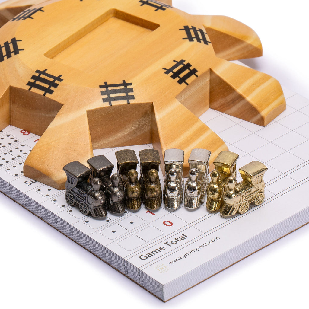 Mexican Train Dominoes Accessory Set (Wooden Hub Centerpiece, Metal Train Markers, and Scorepad)-Yellow Mountain Imports-Yellow Mountain Imports