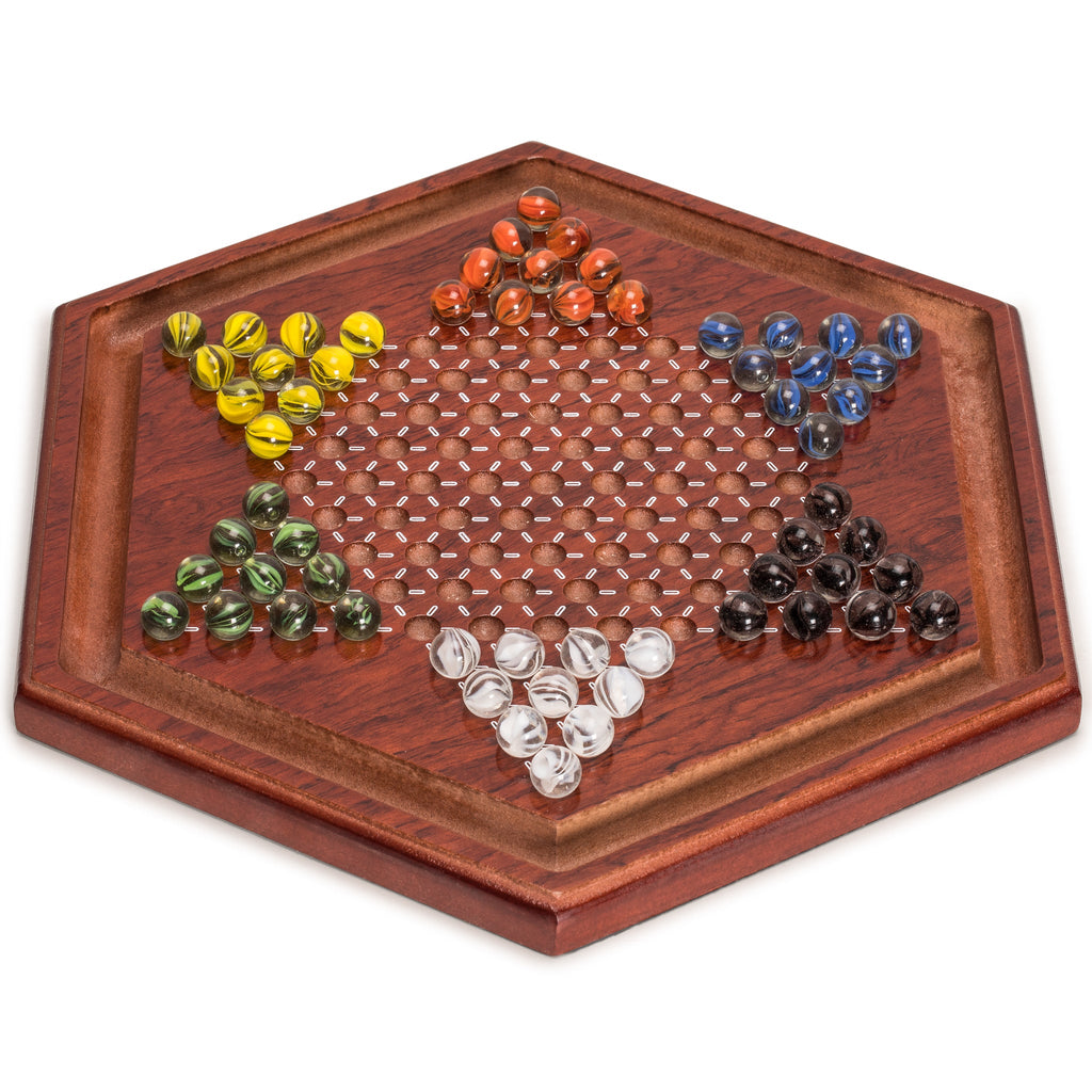 Wooden Chinese Checkers Halma Board Game Set with Colorful Glass Marbles - 13.6"-Yellow Mountain Imports-Yellow Mountain Imports