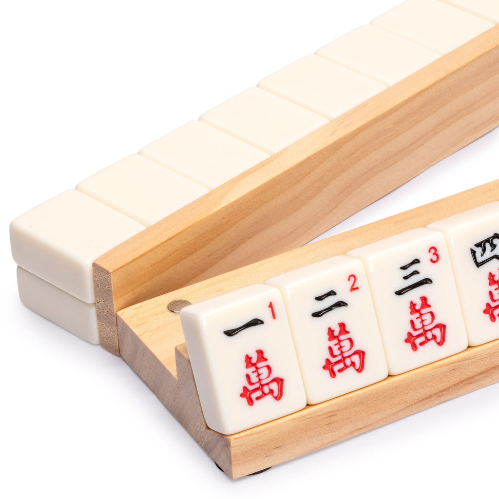 Yellow Mountain Imports 18-inch Dark Pine Wooden Mahjong Game Racks with Built-in Pushers - Set of 4