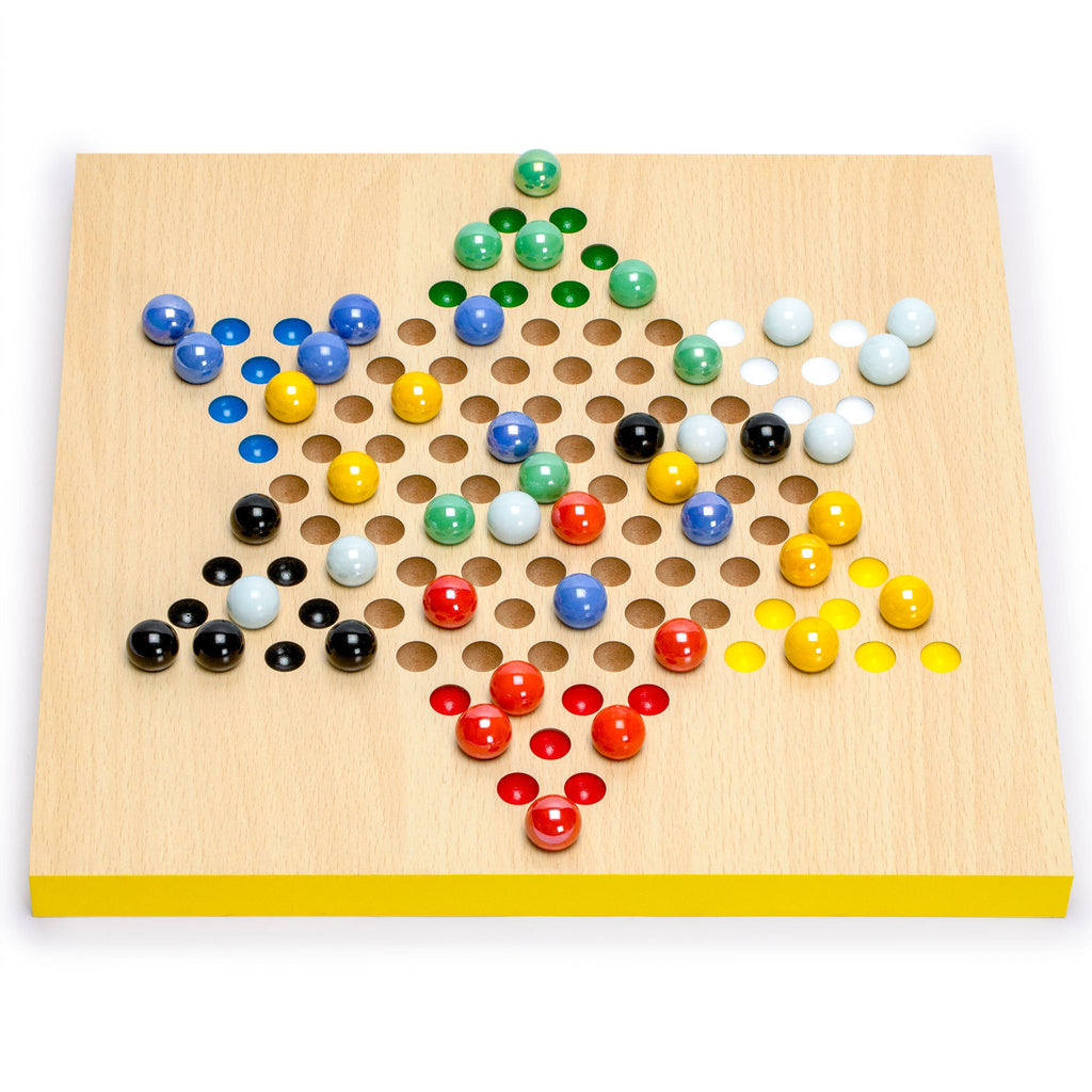 2-in-1 Reversible Ludo and Chinese Checkers Halma Wood and Glass Marble Game Set - 12"-Yellow Mountain Imports-Yellow Mountain Imports