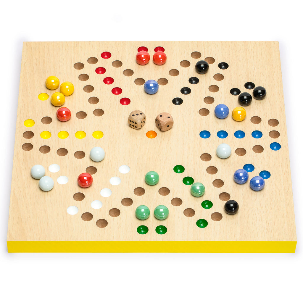 2-in-1 Reversible Ludo and Chinese Checkers Halma Wood and Glass Marble Game Set - 12"-Yellow Mountain Imports-Yellow Mountain Imports