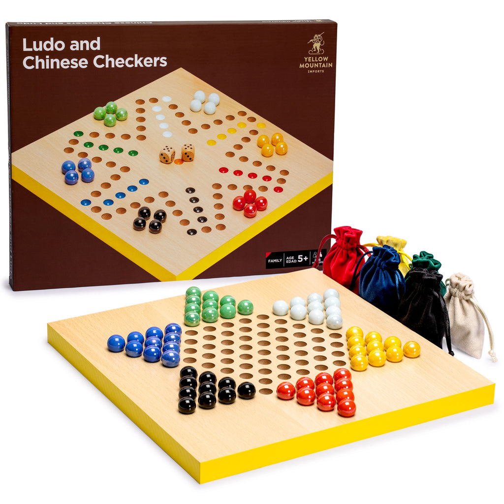 2-in-1 Reversible Ludo and Chinese Checkers Halma Wood and Glass Marble Game Set - 12"-Yellow Mountain Imports-Yellow Mountain Imports