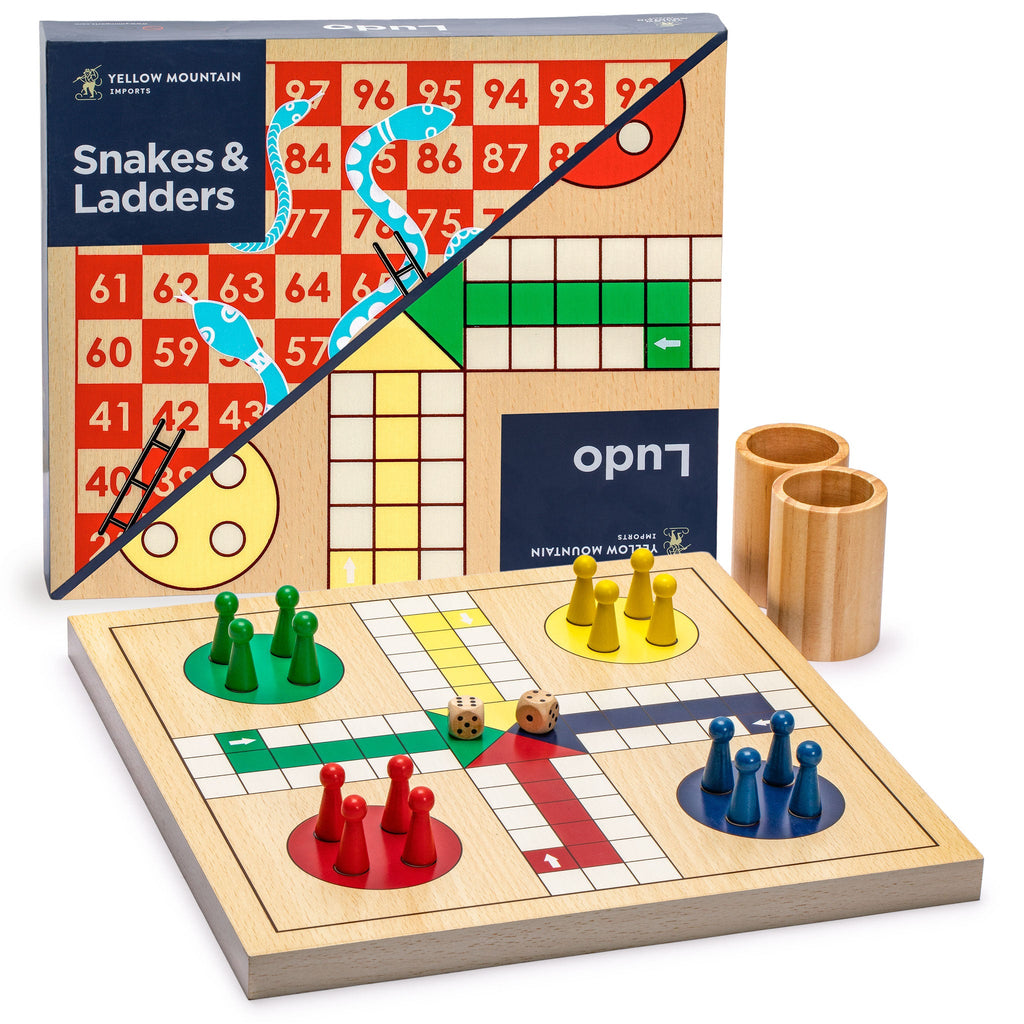 2-in-1 Reversible Wooden Snakes and Ladders, Ludo Game Set - 11.3"-Yellow Mountain Imports-Yellow Mountain Imports