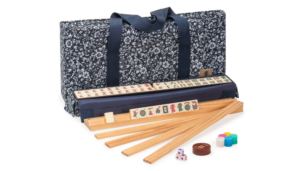 American Mahjong Game Set, "Blue Calico" with Floral Blue Soft Case - Racks with Pushers, Scoring Coins, Dice, and Wind Indicator-Yellow Mountain Imports-Yellow Mountain Imports