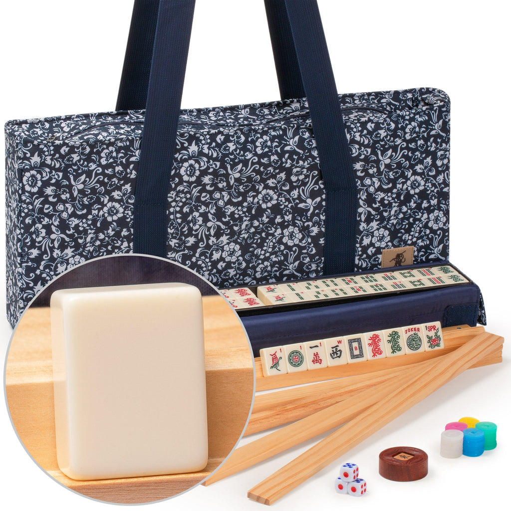 American Mahjong Game Set, "Blue Calico" with Floral Blue Soft Case - Racks with Pushers, Scoring Coins, Dice, and Wind Indicator-Yellow Mountain Imports-Yellow Mountain Imports
