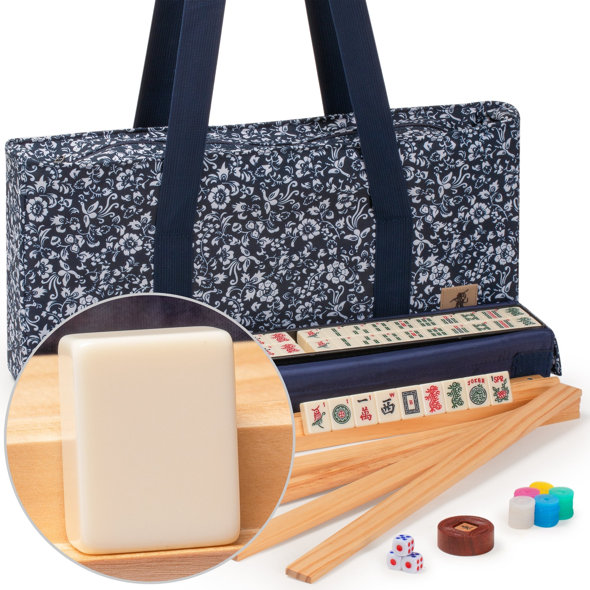 Yellow Mountain Imports American Mahjong Set Mojave Ivory with Brown Soft Case - Four All-in-One Racks with Pushers Wind