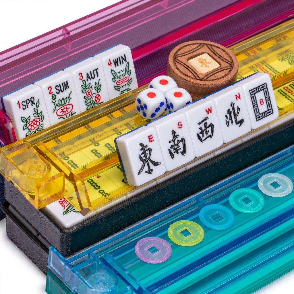 American Mahjong Game Set, "Santorini" with Blue Soft Case - Racks with Pushers, Scoring Coins, Dice, and Wind Indicator-Yellow Mountain Imports-Yellow Mountain Imports