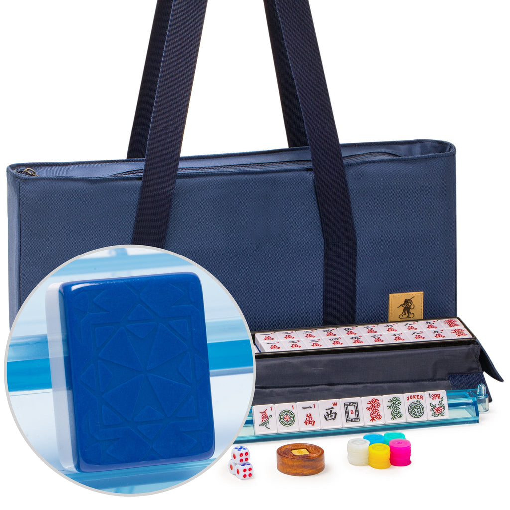 American Mahjong Game Set, "Santorini" with Blue Soft Case - Racks with Pushers, Scoring Coins, Dice, and Wind Indicator-Yellow Mountain Imports-Yellow Mountain Imports