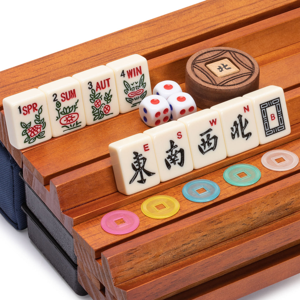 American Mahjong Game Set, "Sapphire" with Blue Soft Case - Racks with Pushers, Scoring Coins, Dice, and Wind Indicator-Yellow Mountain Imports-Yellow Mountain Imports