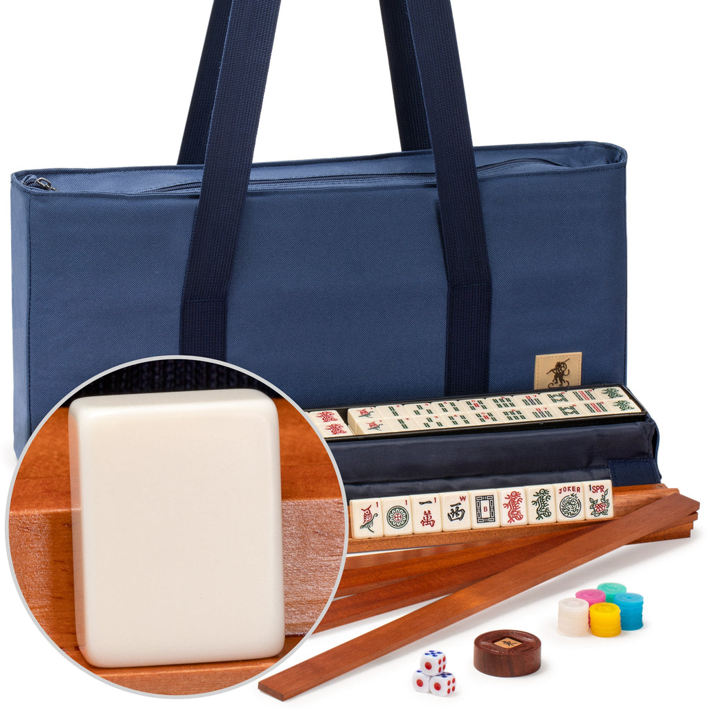 American Mahjong Game Set, "Sapphire" with Blue Soft Case - Racks with Pushers, Scoring Coins, Dice, and Wind Indicator-Yellow Mountain Imports-Yellow Mountain Imports