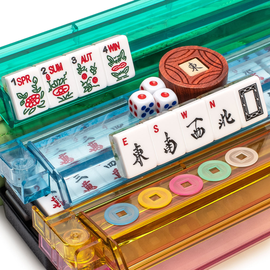 American Mahjong Set, “Aloha” - 166 Tiles with Plumeria Motif, Acrylic Racks with Pushers, Quilted Island Sage Green Case, Scoring Coins, Dice & Wind Indicator-Yellow Mountain Imports-Yellow Mountain Imports