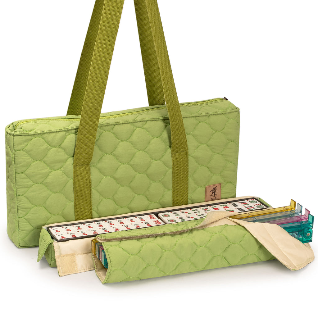 American Mahjong Set, “Aloha” - 166 Tiles with Plumeria Motif, Acrylic Racks with Pushers, Quilted Island Sage Green Case, Scoring Coins, Dice & Wind Indicator-Yellow Mountain Imports-Yellow Mountain Imports