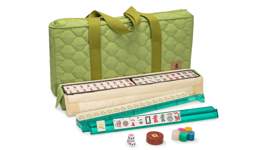 American Mahjong Set, “Aloha” - 166 Tiles with Plumeria Motif, Acrylic Racks with Pushers, Quilted Island Sage Green Case, Scoring Coins, Dice & Wind Indicator-Yellow Mountain Imports-Yellow Mountain Imports