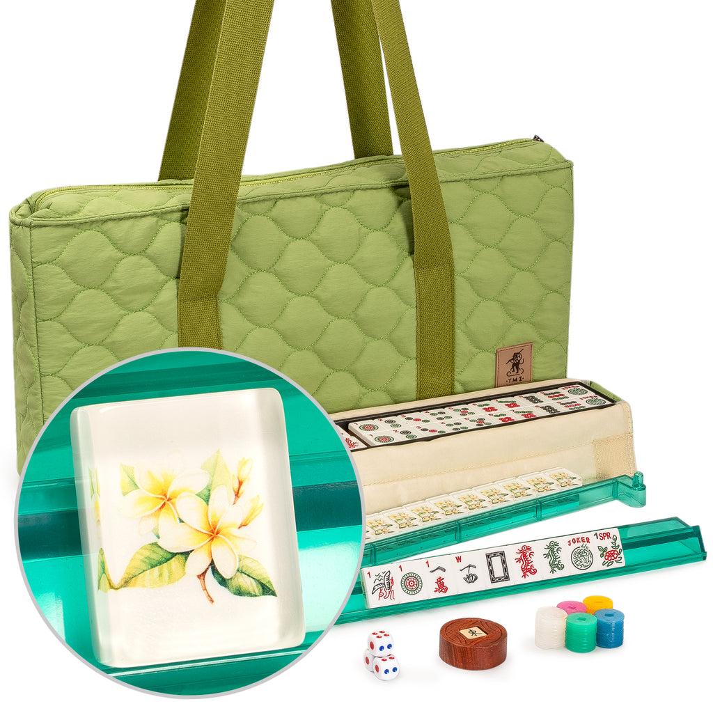 American Mahjong Set, “Aloha” - 166 Tiles with Plumeria Motif, Acrylic Racks with Pushers, Quilted Island Sage Green Case, Scoring Coins, Dice & Wind Indicator-Yellow Mountain Imports-Yellow Mountain Imports