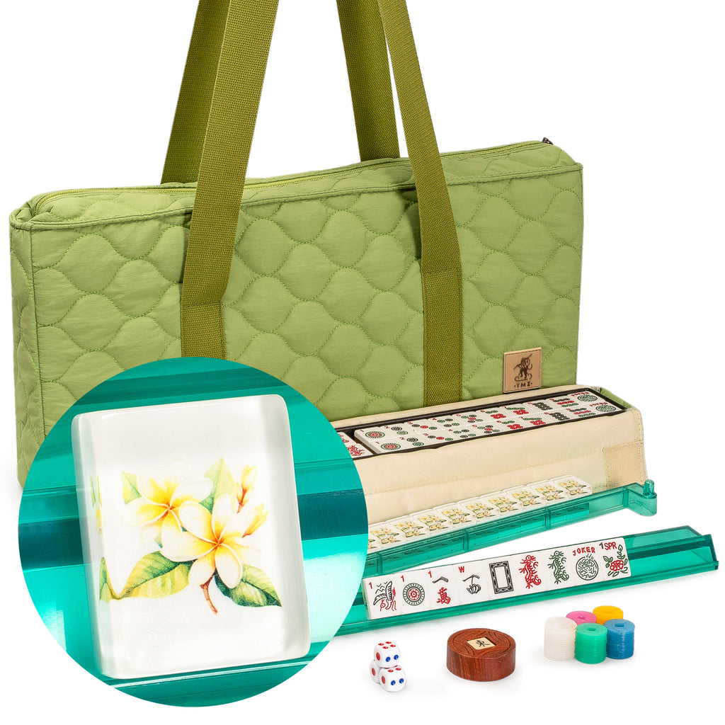 American Mahjong Set, “Aloha” - 166 Tiles with Plumeria Motif, Acrylic Racks with Pushers, Quilted Island Sage Green Case, Scoring Coins, Dice & Wind Indicator-Yellow Mountain Imports-Yellow Mountain Imports