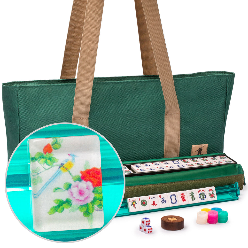 American Mahjong Set, "Blossoms" with Soft Case - Racks with Pushers, Scoring Coins, Dice, and Wind Indicator-Yellow Mountain Imports-Yellow Mountain Imports