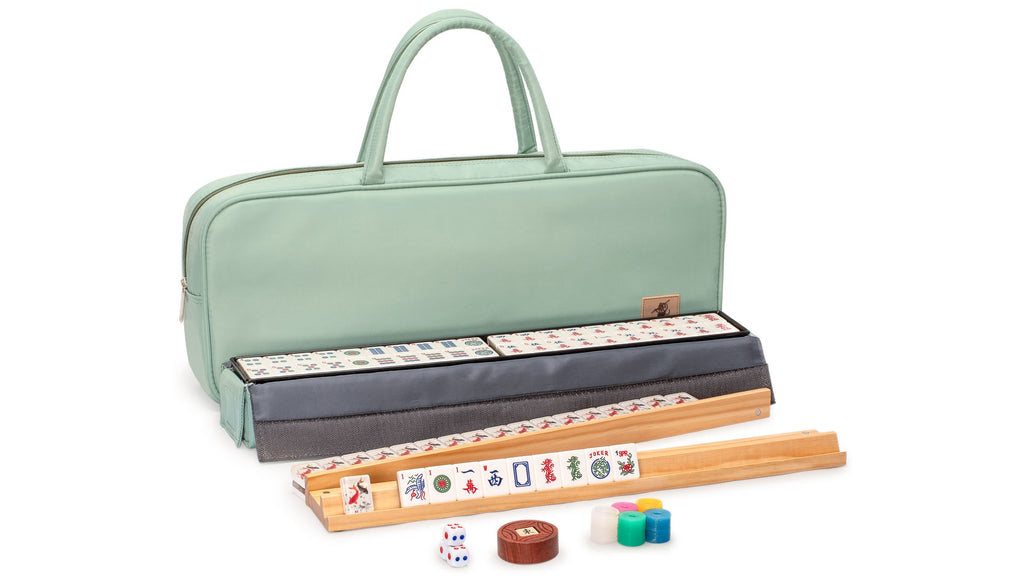 American Mahjong Set, "Celadon Koi" with Mint Green Fabric Case - Four Wooden All-in-One Racks with Pushers, Wright Patterson Scoring Coins, Dice, and Wind Indicator-Yellow Mountain Imports-Yellow Mountain Imports