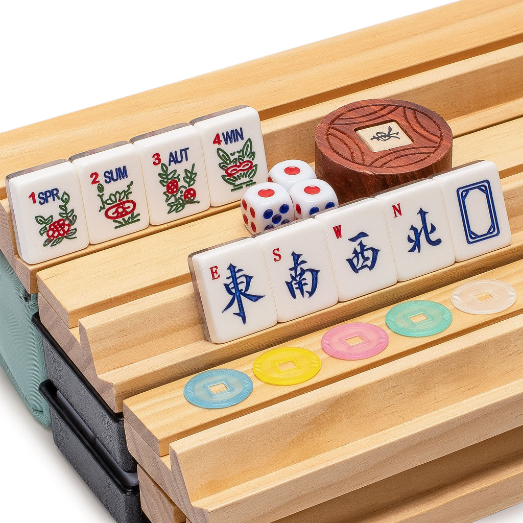 American Mahjong Set, "Celadon Koi" with Mint Green Fabric Case - Four Wooden All-in-One Racks with Pushers, Wright Patterson Scoring Coins, Dice, and Wind Indicator-Yellow Mountain Imports-Yellow Mountain Imports