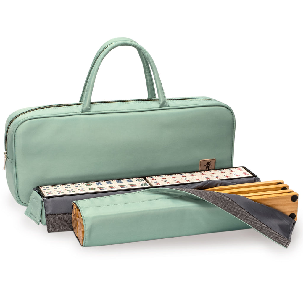 American Mahjong Set, "Celadon Koi" with Mint Green Fabric Case - Four Wooden All-in-One Racks with Pushers, Wright Patterson Scoring Coins, Dice, and Wind Indicator-Yellow Mountain Imports-Yellow Mountain Imports