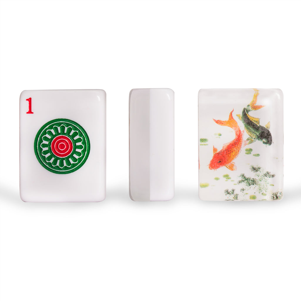 American Mahjong Set, "Celadon Koi" with Mint Green Fabric Case - Four Wooden All-in-One Racks with Pushers, Wright Patterson Scoring Coins, Dice, and Wind Indicator-Yellow Mountain Imports-Yellow Mountain Imports