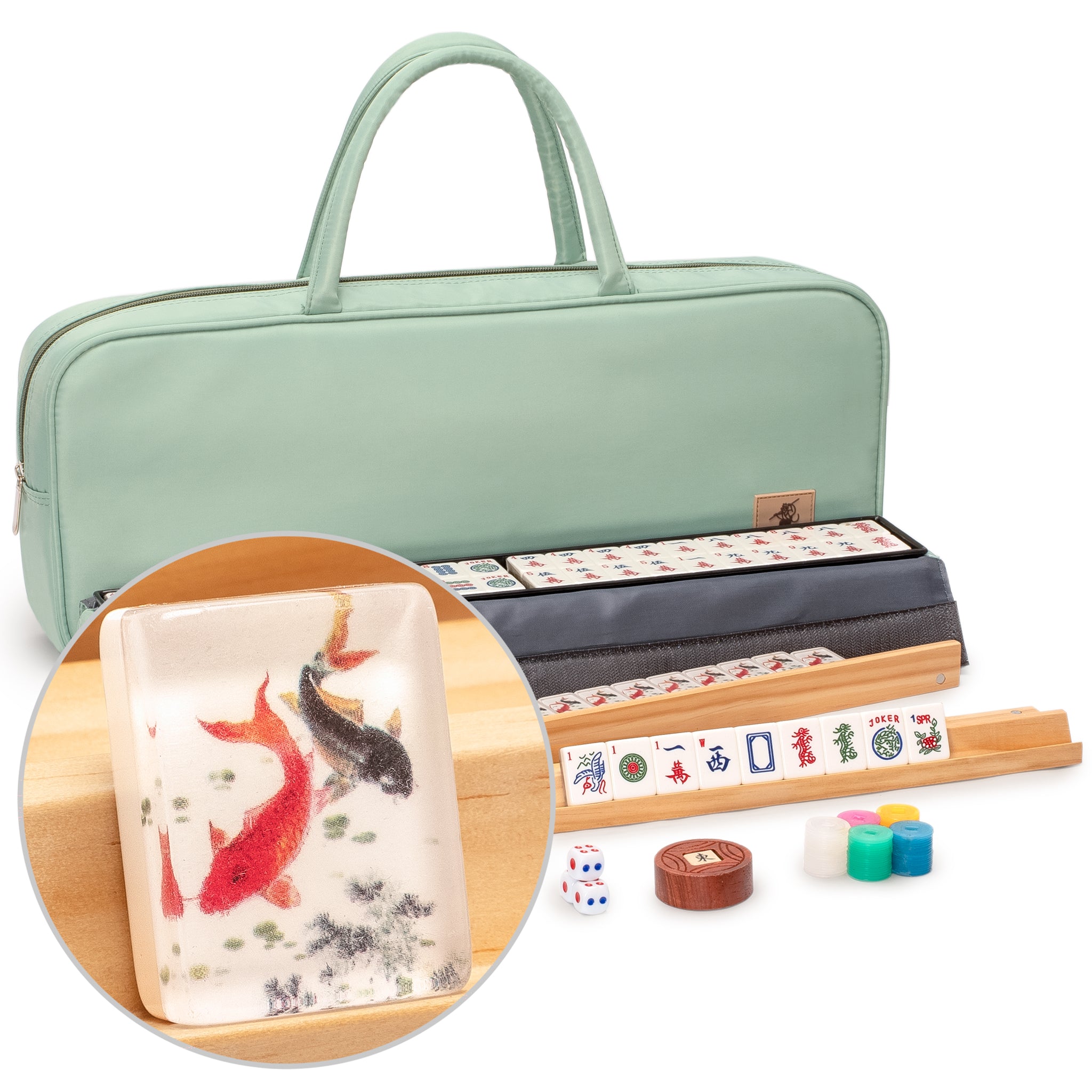 American Mahjong Set, "Celadon Koi" with Mint Green Fabric Case - Four Wooden All-in-One Racks with Pushers, Wright Patterson Scoring Coins, Dice, and Wind Indicator