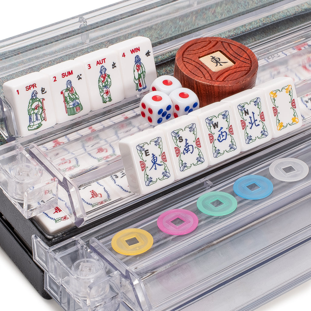 American Mahjong Set “Celestial Harmony” Intricately Detailed Carved Tiles, Green Soft Case, Acrylic Racks with Pushers, Dice, Wind Indicator & Wright Patterson Scoring Coins-Yellow Mountain Imports-Yellow Mountain Imports