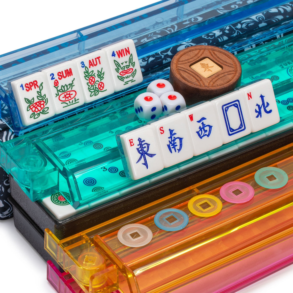 American Mahjong Set, "Chinoise II" with Floral Blue Soft Case - Racks with Pushers, Scoring Coins, Dice, and Wind Indicator-Yellow Mountain Imports-Yellow Mountain Imports