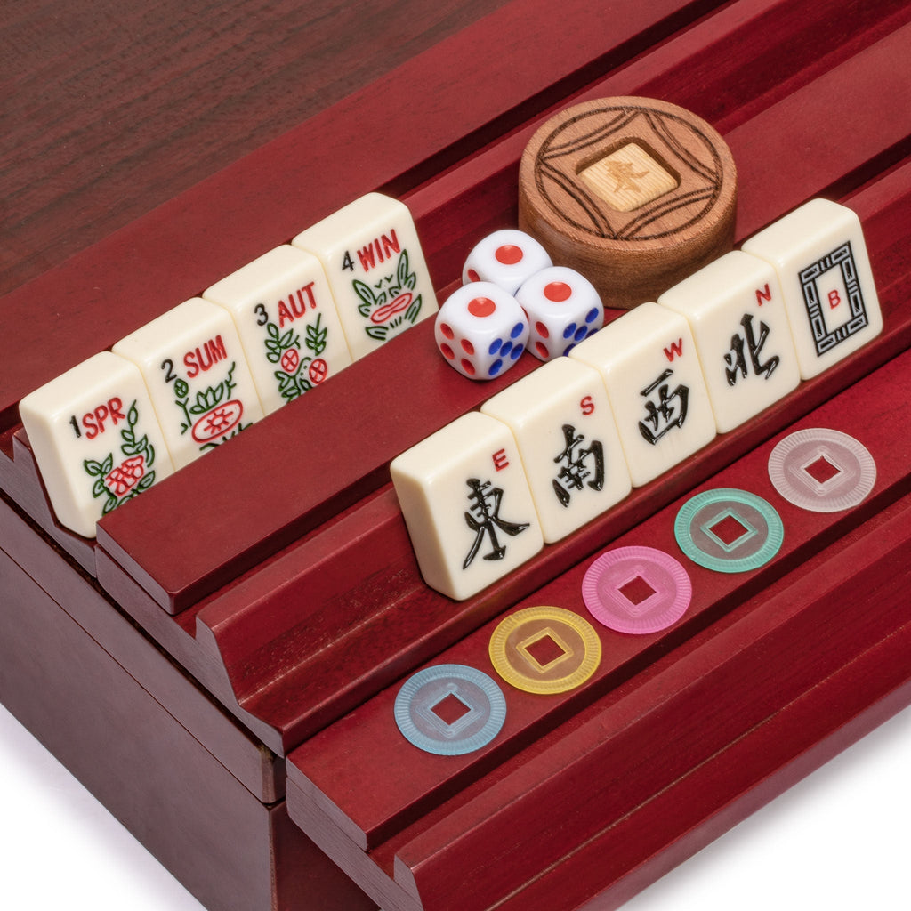 American Mahjong Set, "Classic Royale II" with Redwood Veneer Case, Four Wooden Racks, Wind Indicator, Dice and Wright Patterson Count Scoring Coins-Yellow Mountain Imports-Yellow Mountain Imports