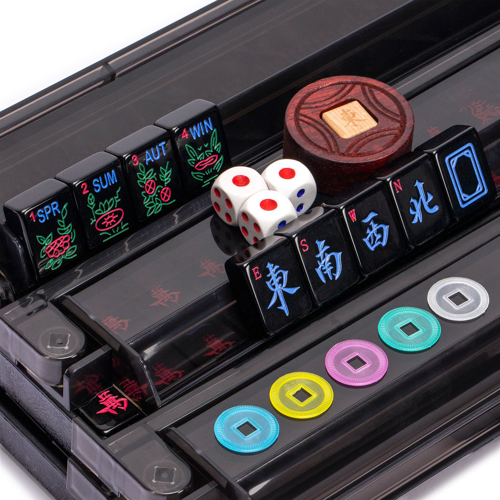 American Mahjong Set, "Deco" with Black Soft Case - All-in-One Racks with Pushers, Scoring Coins, Dice, and Wind Indicator-Yellow Mountain Imports-Yellow Mountain Imports