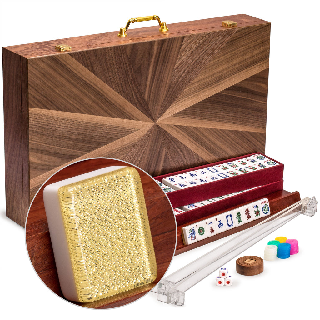 American Mahjong Set, "Golden Fortune" with Inlaid Wooden Case - Racks, Pushers, Scoring Coins, Dice, and Wind Indicator-Yellow Mountain Imports-Yellow Mountain Imports