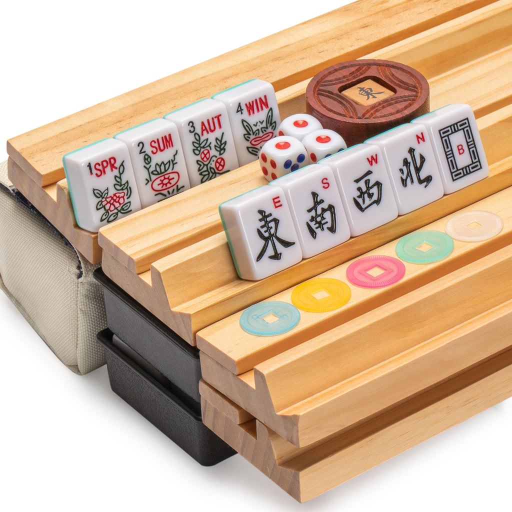 American Mahjong Set, "Harbor Mint" with Beige and Blue Canvas Tote Bag - Racks with Pushers, Scoring Coins, Dice, and Wind Indicator-Yellow Mountain Imports-Yellow Mountain Imports