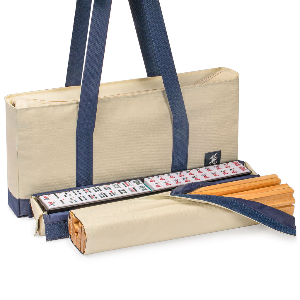 American Mahjong Set, "Harbor Mint" with Beige and Blue Canvas Tote Bag - Racks with Pushers, Scoring Coins, Dice, and Wind Indicator-Yellow Mountain Imports-Yellow Mountain Imports