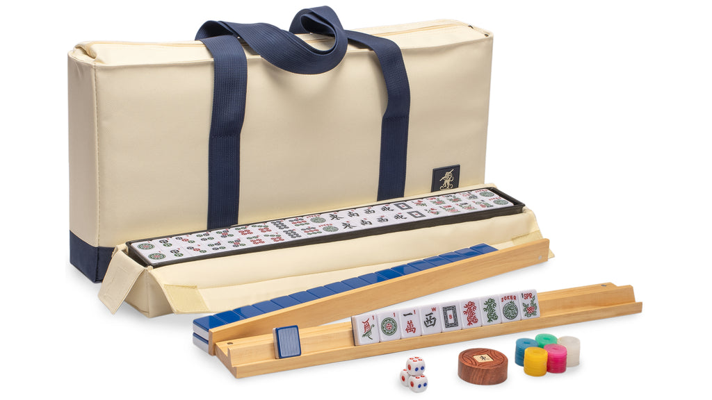 American Mahjong Set, "Harbor Tide" with Beige and Blue Canvas Tote Bag - Racks with Pushers, Scoring Coins, Dice, and Wind Indicator-Yellow Mountain Imports-Yellow Mountain Imports