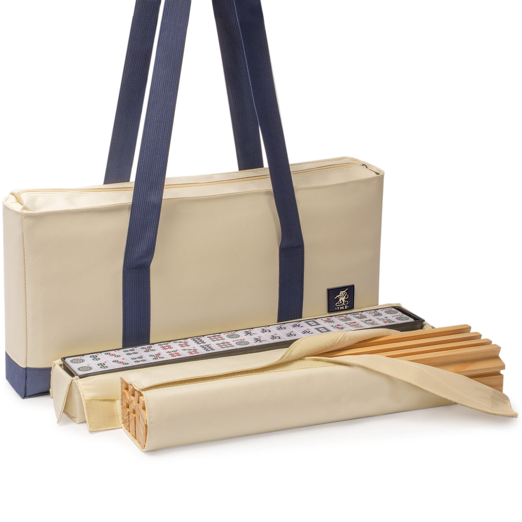 American Mahjong Set, "Harbor Tide" with Beige and Blue Canvas Tote Bag - Racks with Pushers, Scoring Coins, Dice, and Wind Indicator-Yellow Mountain Imports-Yellow Mountain Imports