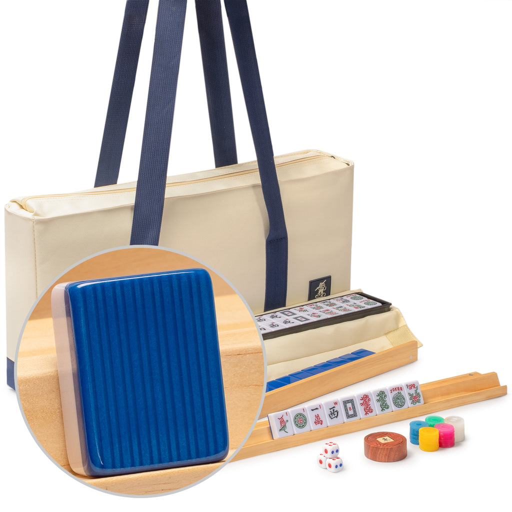 American Mahjong Set, "Harbor Tide" with Beige and Blue Canvas Tote Bag - Racks with Pushers, Scoring Coins, Dice, and Wind Indicator-Yellow Mountain Imports-Yellow Mountain Imports