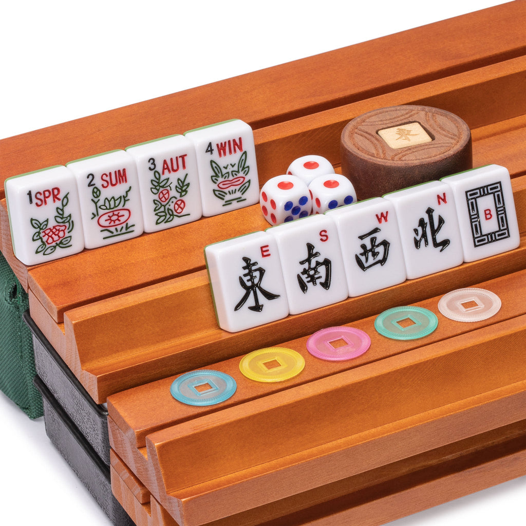American Mahjong Set, "Huntington" with Mineral Green Soft Case - Racks with Pushers, Scoring Coins, Dice, & Wind Indicator-Yellow Mountain Imports-Yellow Mountain Imports