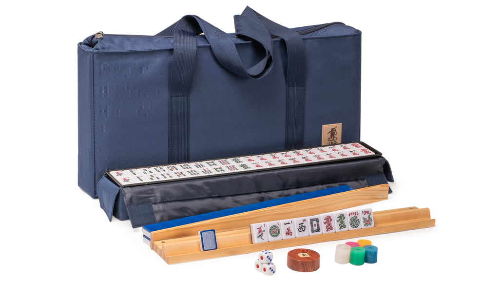 American Mahjong Set, "Indigo Tides" with Blue Soft Case - Racks with Pushers, Scoring Coins, Dice, and Wind Indicator-Yellow Mountain Imports-Yellow Mountain Imports