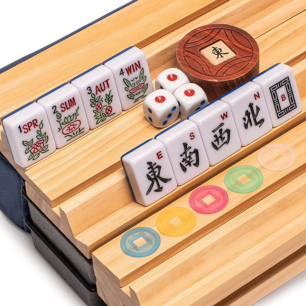 American Mahjong Set, "Indigo Tides" with Blue Soft Case - Racks with Pushers, Scoring Coins, Dice, and Wind Indicator-Yellow Mountain Imports-Yellow Mountain Imports