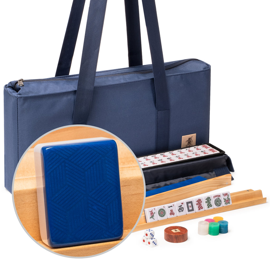 American Mahjong Set, "Indigo Tides" with Blue Soft Case - Racks with Pushers, Scoring Coins, Dice, and Wind Indicator-Yellow Mountain Imports-Yellow Mountain Imports