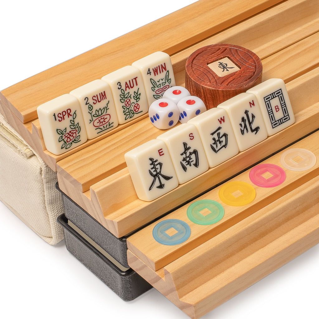 American Mahjong Set, "Ivory Stripes” - 166 Tiles with Beige Soft Case, Wooden Racks with Pushers, Scoring Coins, Dice, & Wind Indicator-Yellow Mountain Imports-Yellow Mountain Imports