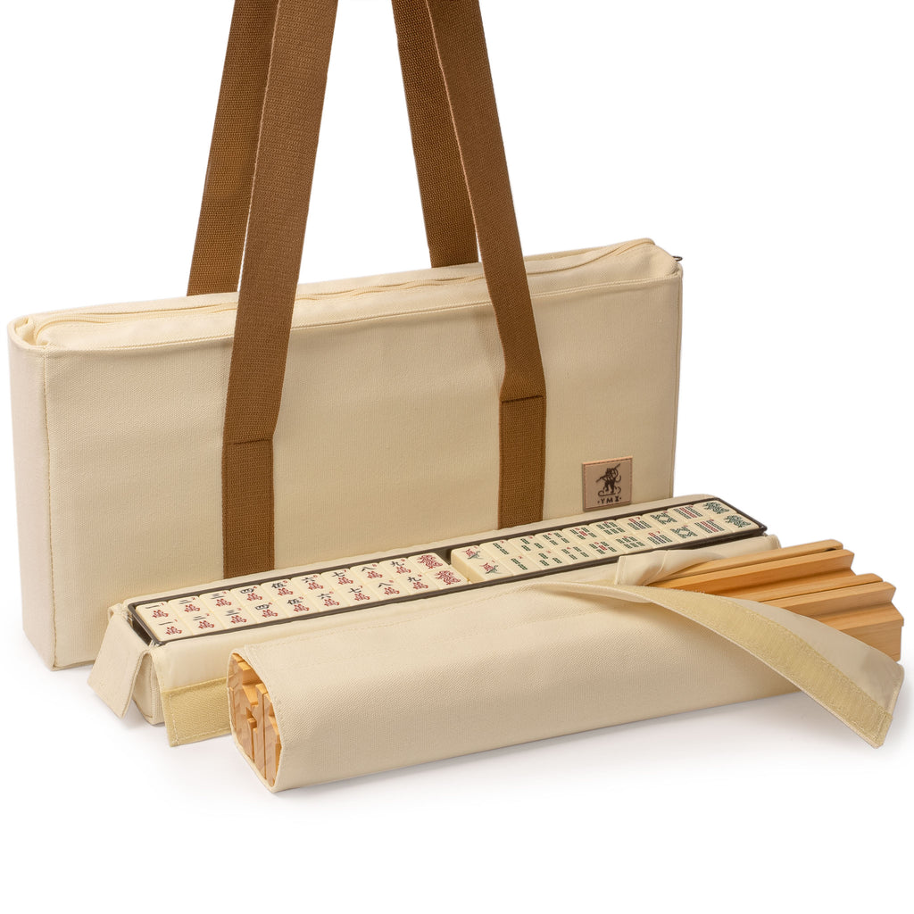 American Mahjong Set, "Ivory Stripes” - 166 Tiles with Beige Soft Case, Wooden Racks with Pushers, Scoring Coins, Dice, & Wind Indicator-Yellow Mountain Imports-Yellow Mountain Imports